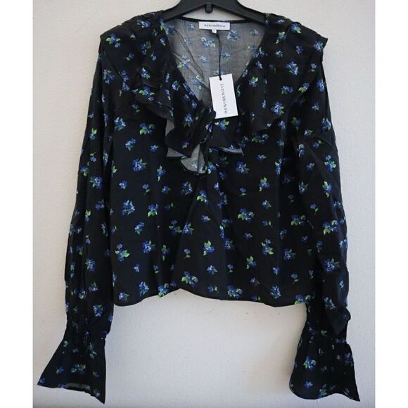 WeWoreWhat WWDT54-1 Women's Sz Medium Black Multi Watercolor Ditsy Ruffle Blouse - Picture 1 of 9